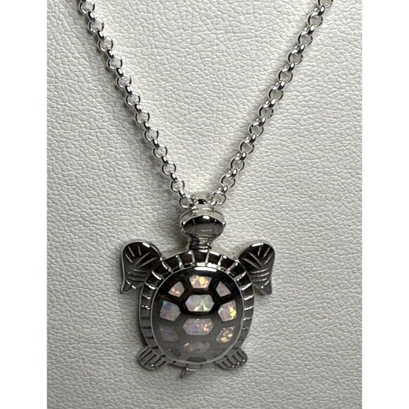 White Opal Turtle Pendant Thick Silver w Italian Made 18” 2mm Silver Rolo Chain - Picture 1 of 7